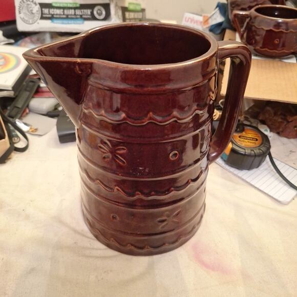 Vintage Mar-Crest Daisy Dot Stoneware Pitcher 8" Marcrest Oven Proof Brown - Picture 3 of 5